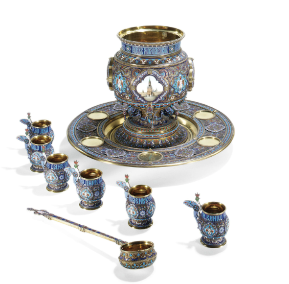 A SILVER-GILT CLOISONNÉ ENAMEL PUNCH BOWL SET. IVAN KHLEBNIKOV. MOSCOW, 1894  