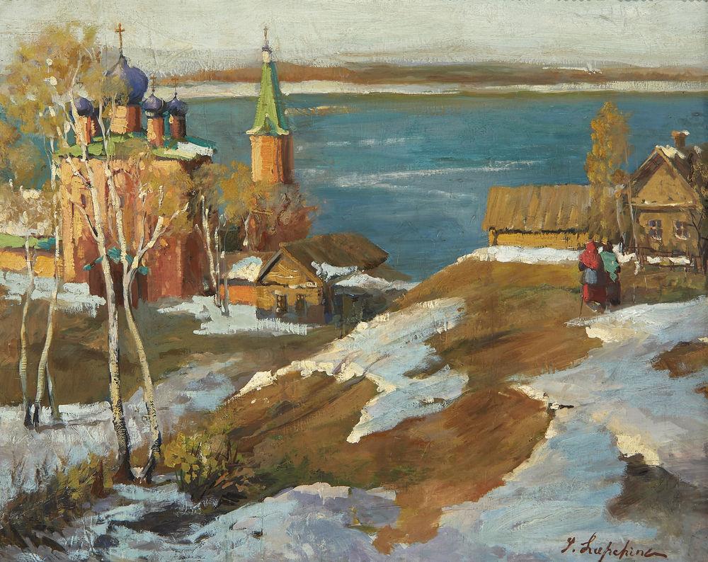 GEORGES LAPCHINE (1885-1950) ÉGLISE DE VILLAGE SOUS LA NEIGE